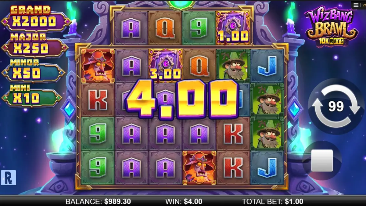 Tampilan visual slot Wizbang Brawl 10K Ways dengan tema penyihir dan elemen sihir.